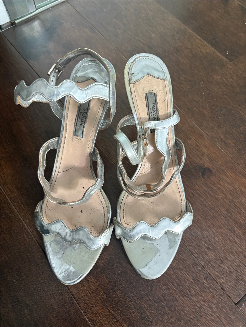 Prada Silver Scallop-Strap High Heel Sandals